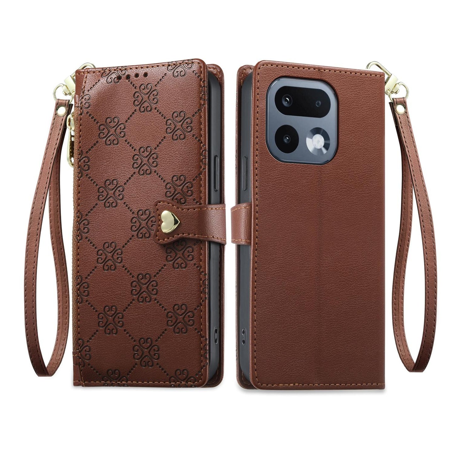 For Realme 16 Pro 5G Zipper Wallet Heart Buckle Vegan Leather Phone Case with Wrist Strap(Brown)