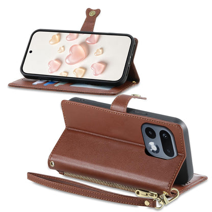 For Realme 16 Pro 5G Zipper Wallet Heart Buckle Vegan Leather Phone Case with Wrist Strap(Brown)