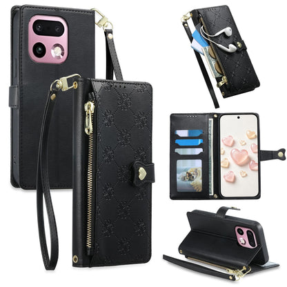 For Realme 16 Pro+ 5G Zipper Wallet Heart Buckle Vegan Leather Phone Case with Wrist Strap(Black)