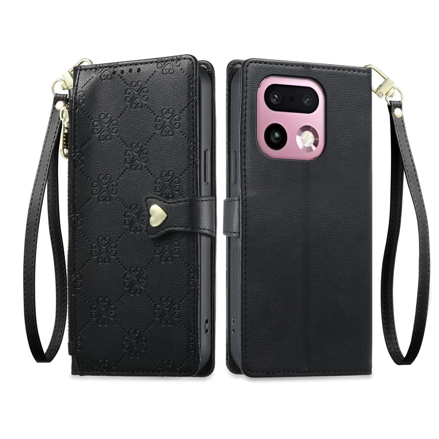 For Realme 16 Pro+ 5G Zipper Wallet Heart Buckle Vegan Leather Phone Case with Wrist Strap(Black)