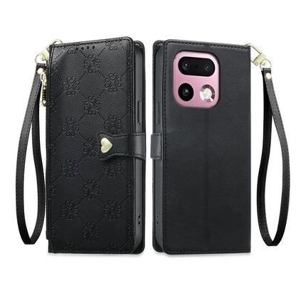 For Realme 16 Pro+ 5G Zipper Wallet Heart Buckle Vegan Leather Phone Case with Wrist Strap(Black)