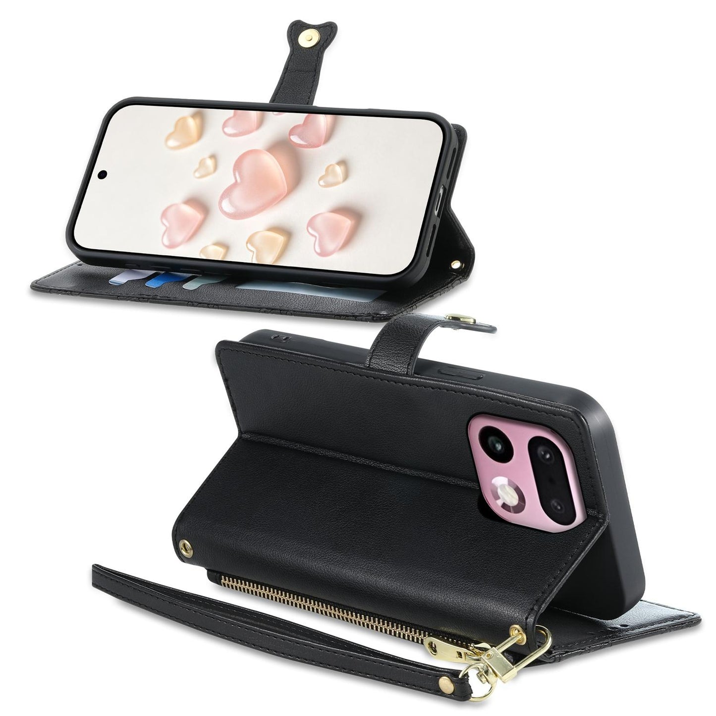 For Realme 16 Pro+ 5G Zipper Wallet Heart Buckle Vegan Leather Phone Case with Wrist Strap(Black)