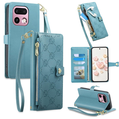 For Realme 16 Pro+ 5G Zipper Wallet Heart Buckle Vegan Leather Phone Case with Wrist Strap(Lake Blue)