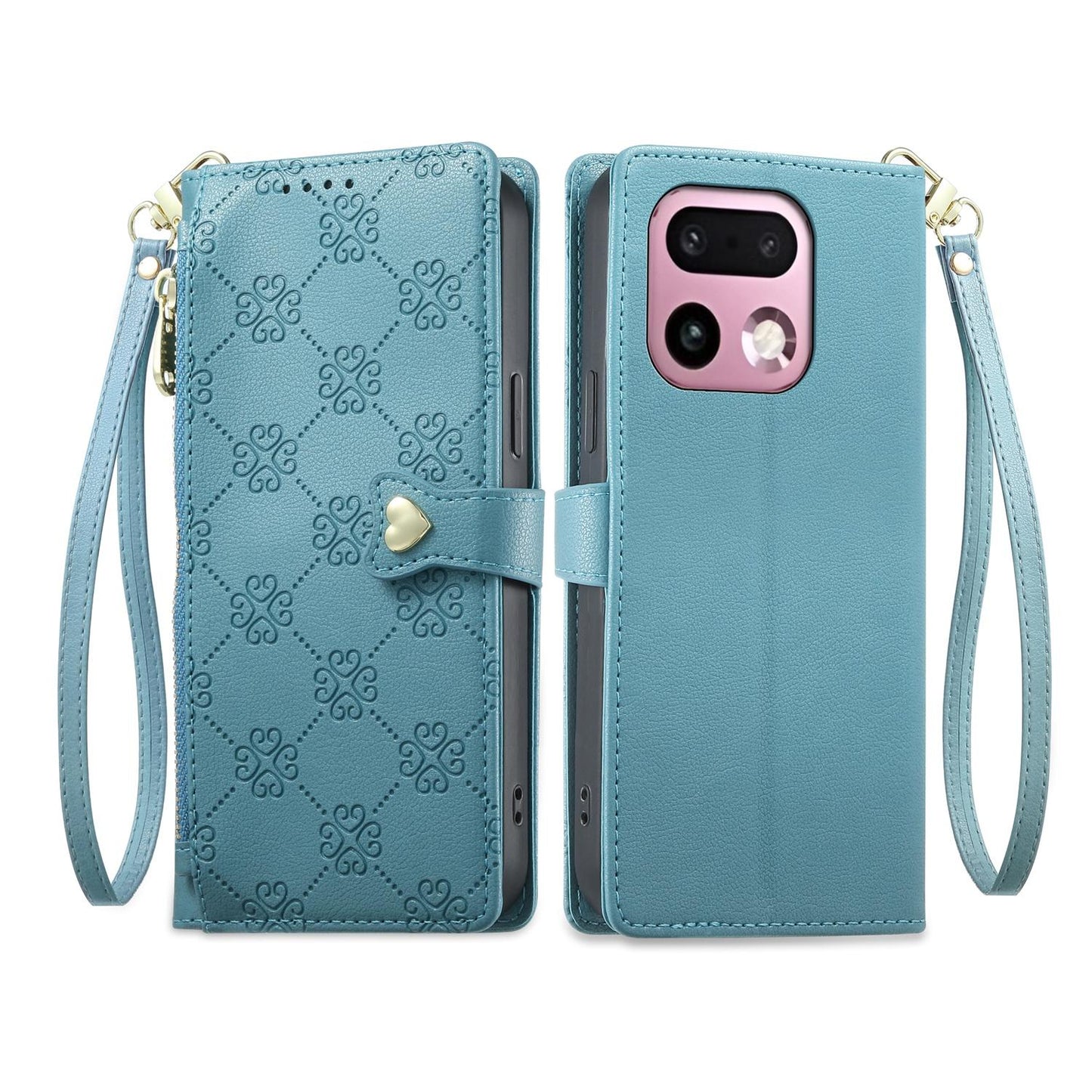 For Realme 16 Pro+ 5G Zipper Wallet Heart Buckle Vegan Leather Phone Case with Wrist Strap(Lake Blue)