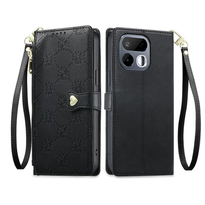 For Realme 16T 5G Zipper Wallet Heart Buckle Vegan Leather Phone Case with Wrist Strap(Black)