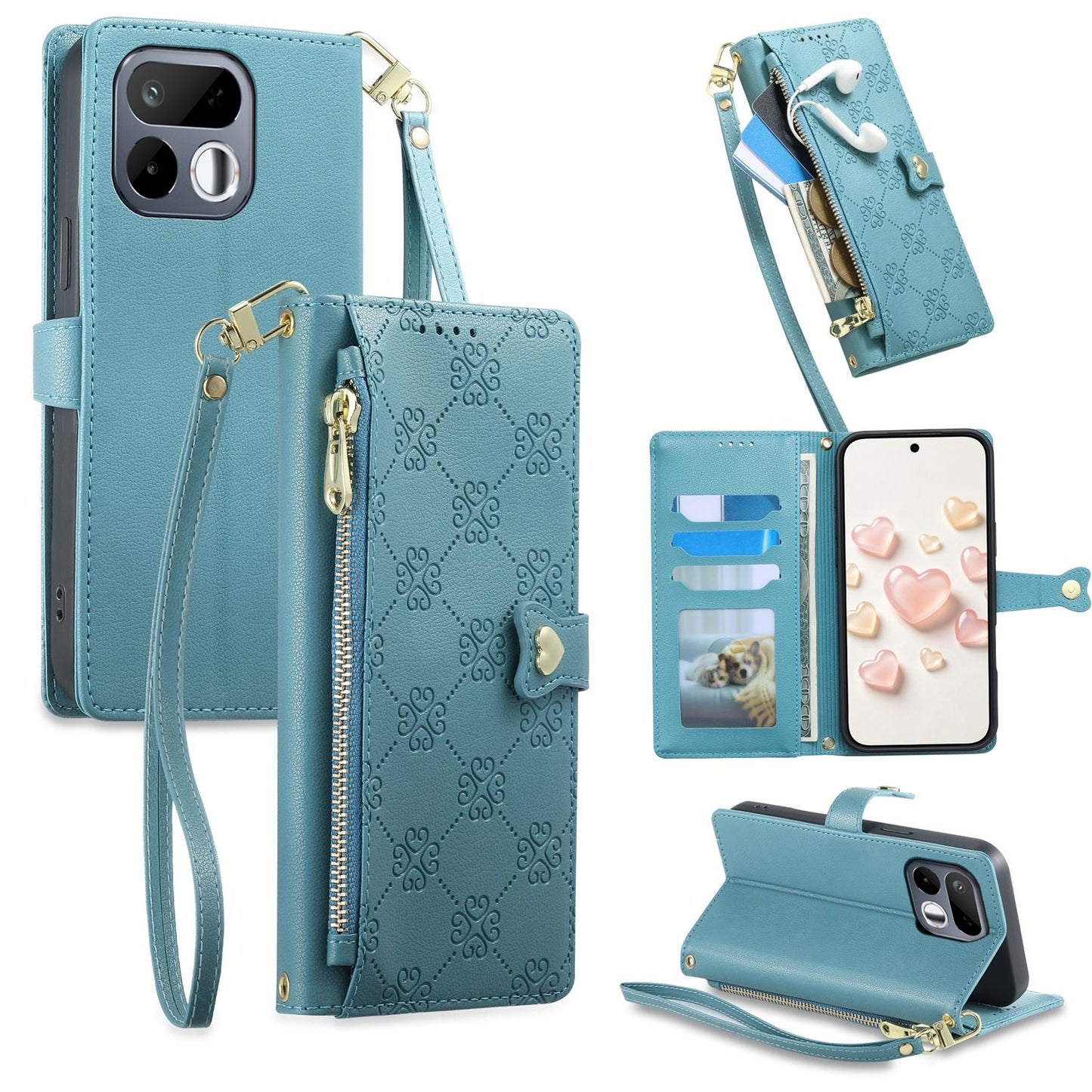 For Realme 16T 5G Zipper Wallet Heart Buckle Vegan Leather Phone Case with Wrist Strap(Lake Blue)