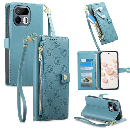 For Realme 16T 5G Zipper Wallet Heart Buckle Vegan Leather Phone Case with Wrist Strap(Lake Blue)