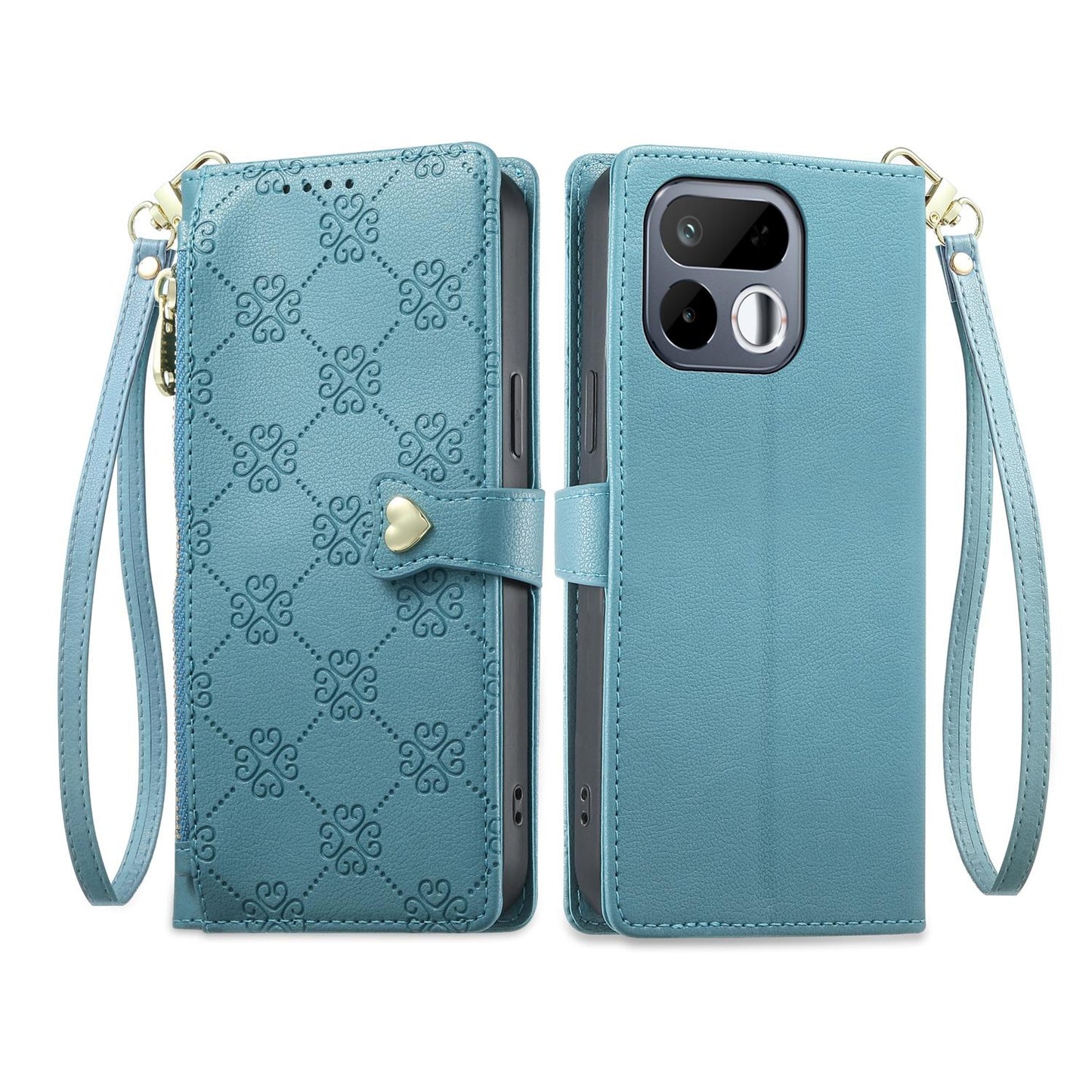 For Realme 16T 5G Zipper Wallet Heart Buckle Vegan Leather Phone Case with Wrist Strap(Lake Blue)