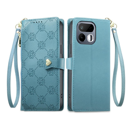 For Realme 16T 5G Zipper Wallet Heart Buckle Vegan Leather Phone Case with Wrist Strap(Lake Blue)