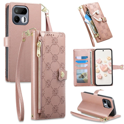 For Realme 16T 5G Zipper Wallet Heart Buckle Vegan Leather Phone Case with Wrist Strap(Pink)