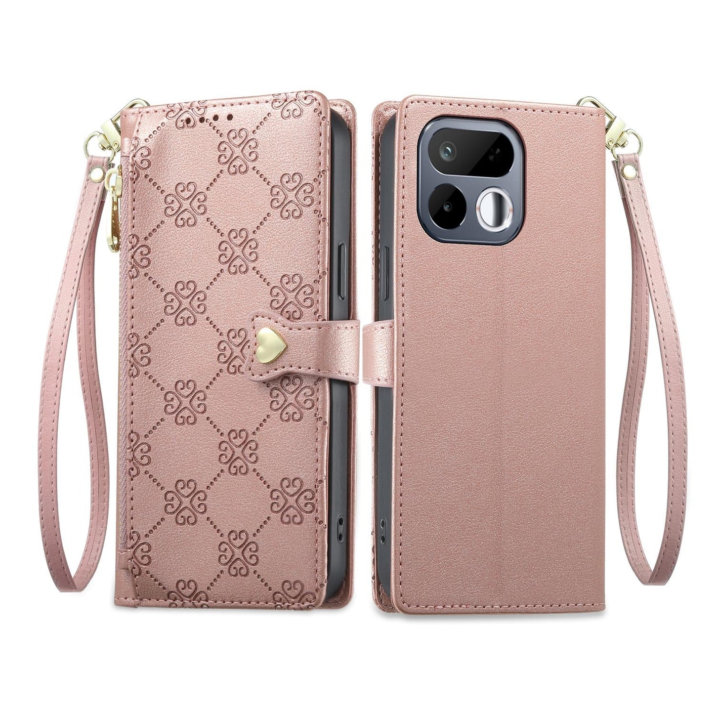 For Realme 16T 5G Zipper Wallet Heart Buckle Vegan Leather Phone Case with Wrist Strap(Pink)