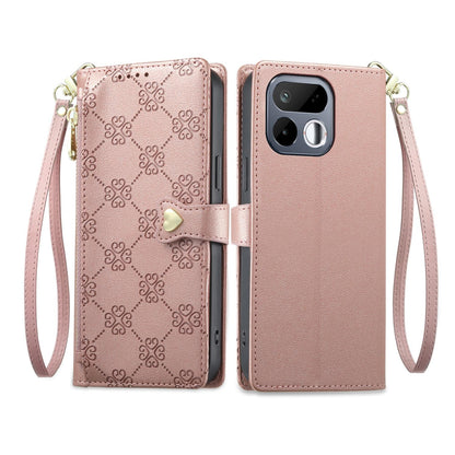 For Realme 16T 5G Zipper Wallet Heart Buckle Vegan Leather Phone Case with Wrist Strap(Pink)