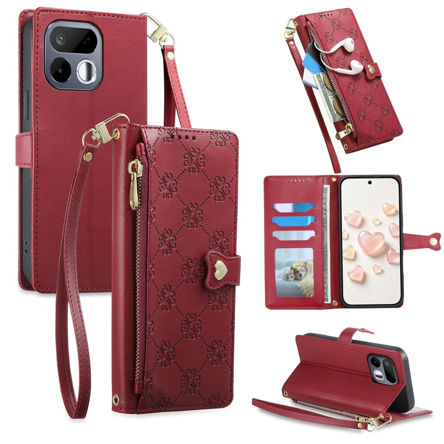 For Realme 16T 5G Zipper Wallet Heart Buckle Vegan Leather Phone Case with Wrist Strap(Red)