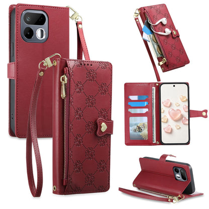 For Realme 16T 5G Zipper Wallet Heart Buckle Vegan Leather Phone Case with Wrist Strap(Red)
