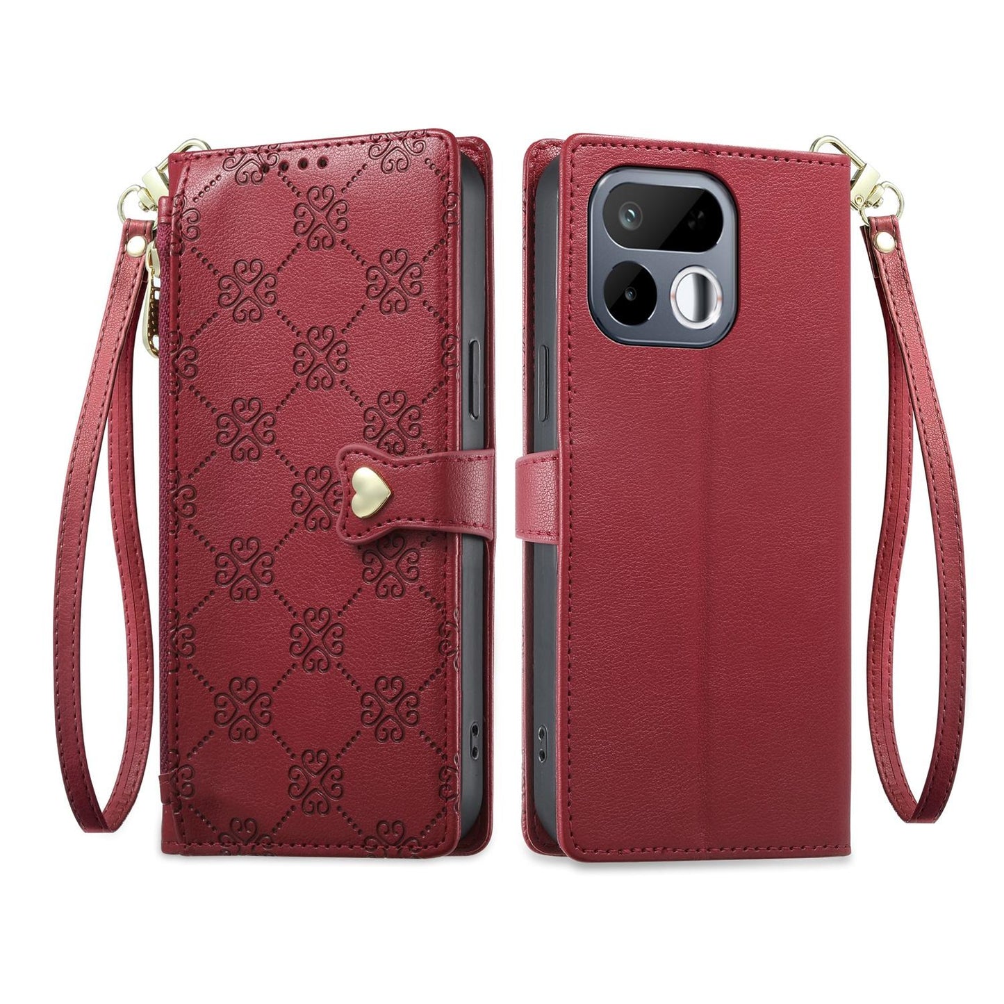 For Realme 16T 5G Zipper Wallet Heart Buckle Vegan Leather Phone Case with Wrist Strap(Red)