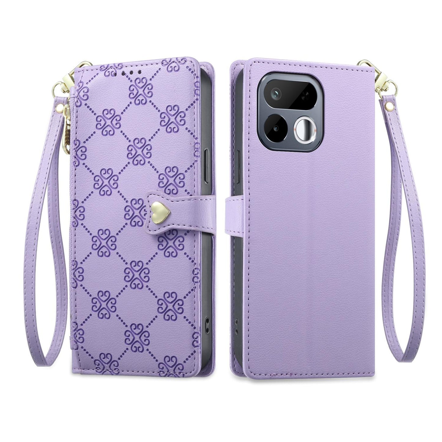 For Realme 16T 5G Zipper Wallet Heart Buckle Vegan Leather Phone Case with Wrist Strap(Purple)