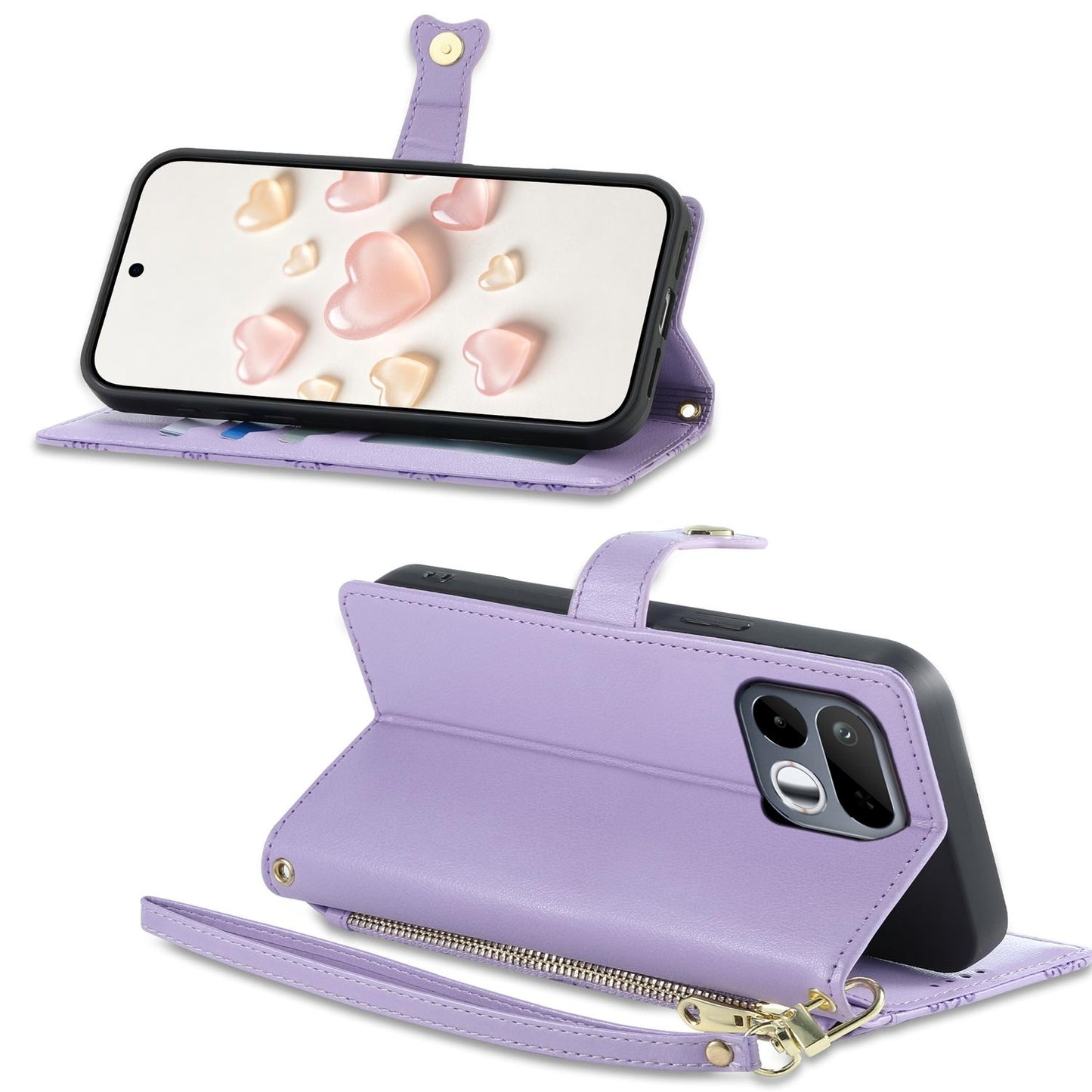 For Realme 16T 5G Zipper Wallet Heart Buckle Vegan Leather Phone Case with Wrist Strap(Purple)