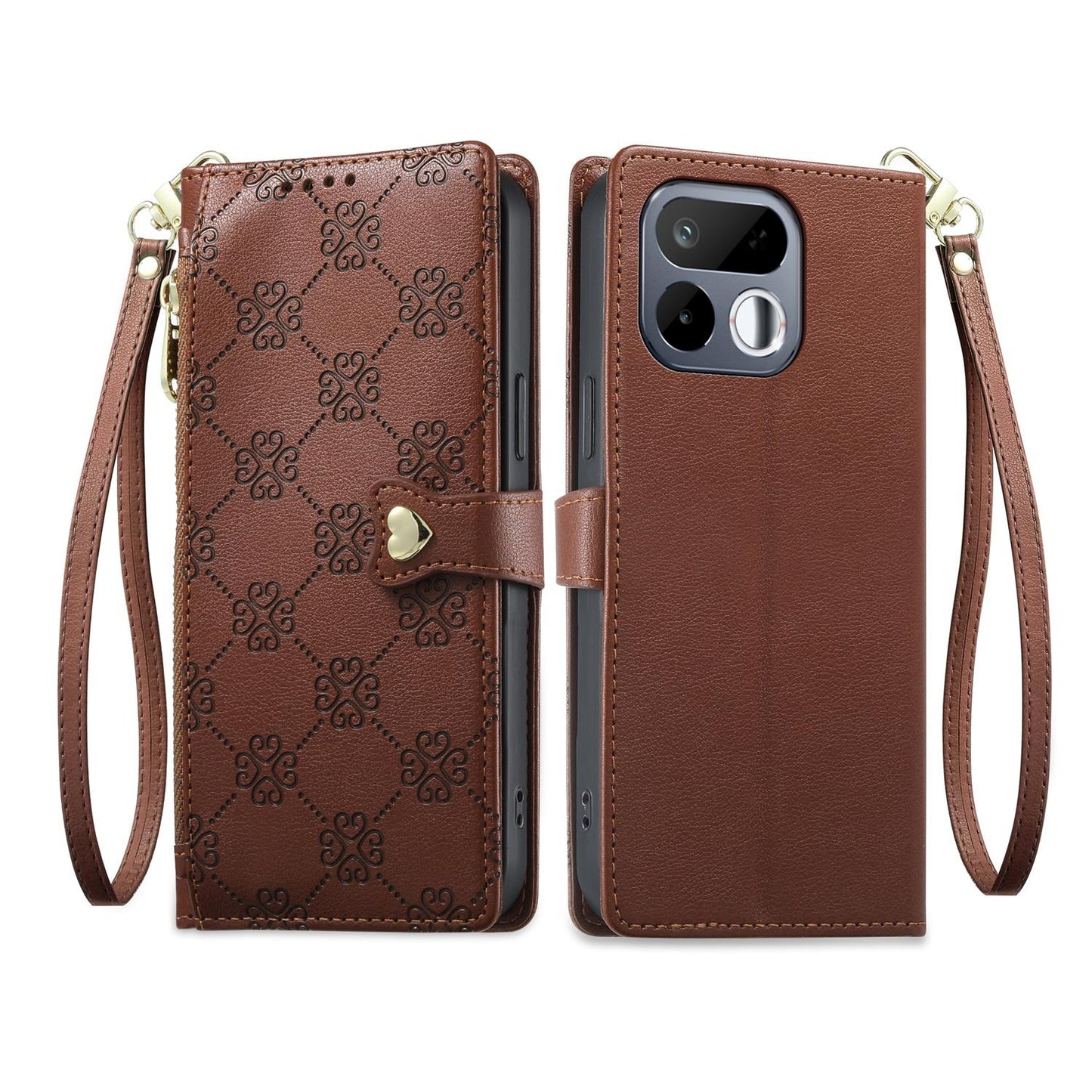 For Realme 16T 5G Zipper Wallet Heart Buckle Vegan Leather Phone Case with Wrist Strap(Brown)