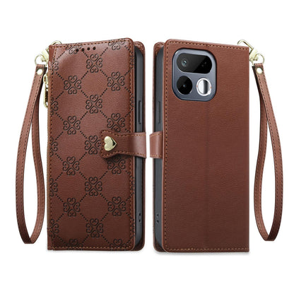 For Realme 16T 5G Zipper Wallet Heart Buckle Vegan Leather Phone Case with Wrist Strap(Brown)