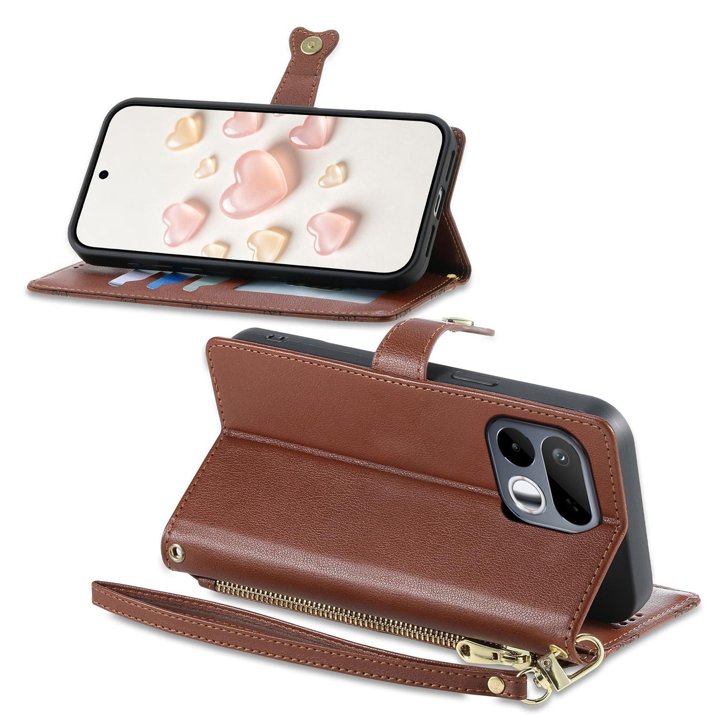 For Realme 16T 5G Zipper Wallet Heart Buckle Vegan Leather Phone Case with Wrist Strap(Brown)