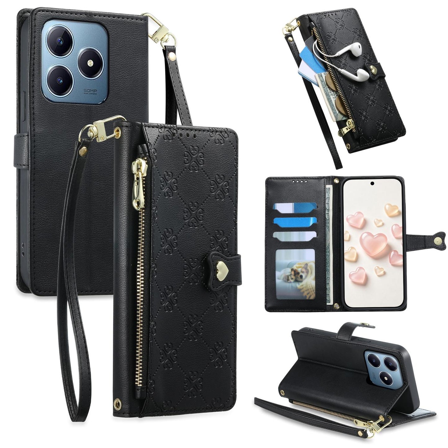For Realme C63 4G / C61 / Narzo N63 / Note 60 Zipper Wallet Heart Buckle Vegan Leather Phone Case with Wrist Strap(Black)