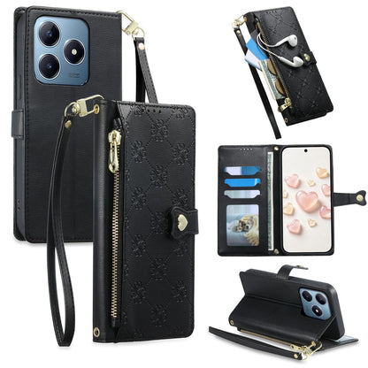 For Realme C63 4G / C61 / Narzo N63 / Note 60 Zipper Wallet Heart Buckle Vegan Leather Phone Case with Wrist Strap(Black)