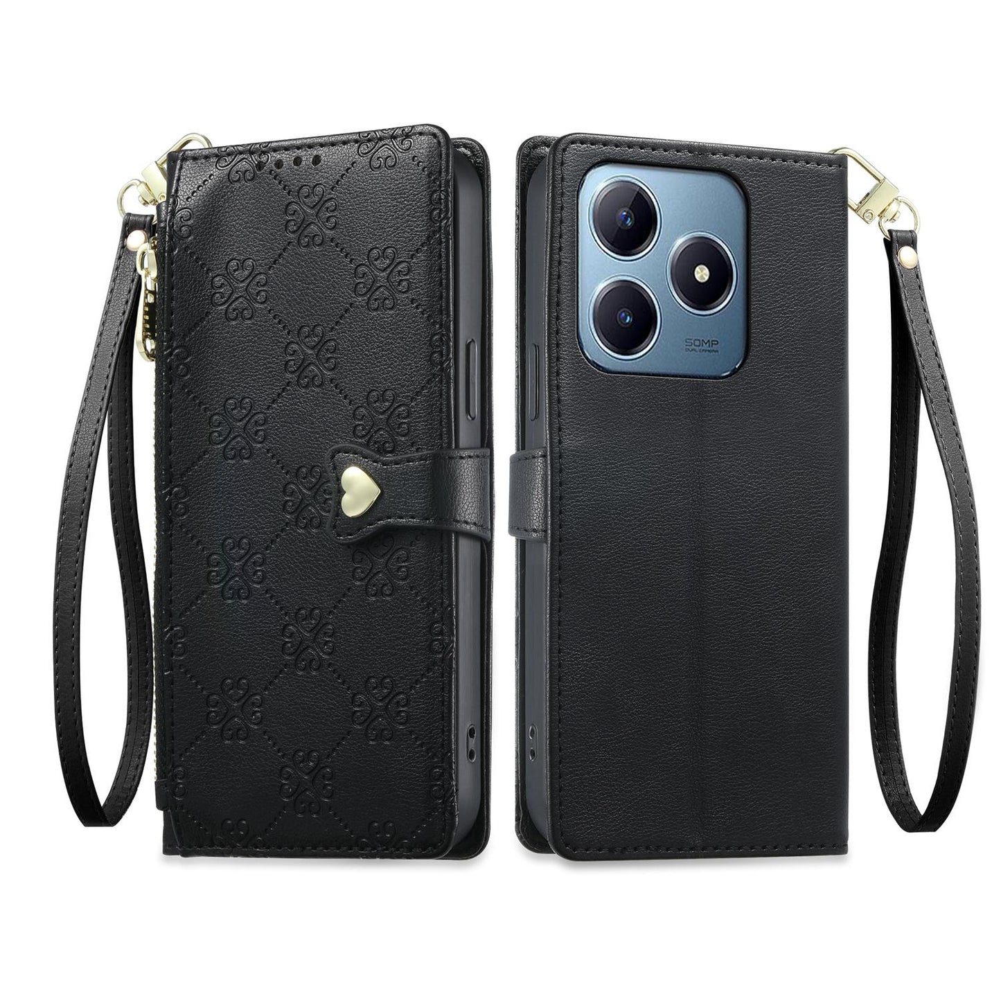 For Realme C63 4G / C61 / Narzo N63 / Note 60 Zipper Wallet Heart Buckle Vegan Leather Phone Case with Wrist Strap(Black)