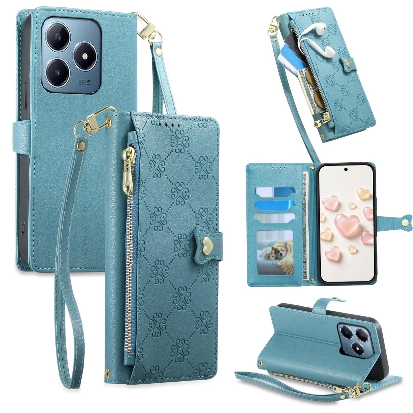 For Realme C63 4G / C61 / Narzo N63 / Note 60 Zipper Wallet Heart Buckle Vegan Leather Phone Case with Wrist Strap(Lake Blue)