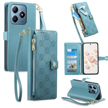 For Realme C63 4G / C61 / Narzo N63 / Note 60 Zipper Wallet Heart Buckle Vegan Leather Phone Case with Wrist Strap(Lake Blue)