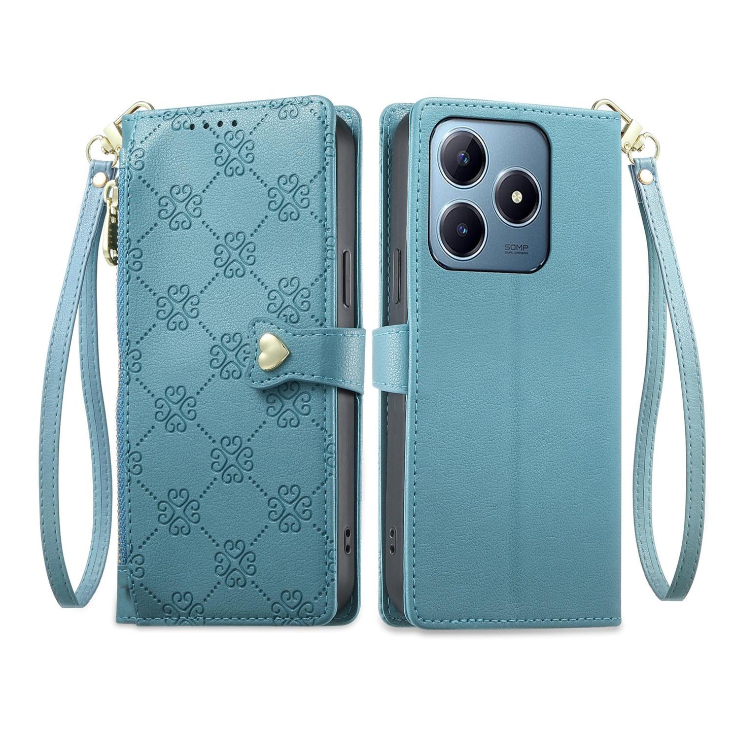 For Realme C63 4G / C61 / Narzo N63 / Note 60 Zipper Wallet Heart Buckle Vegan Leather Phone Case with Wrist Strap(Lake Blue)