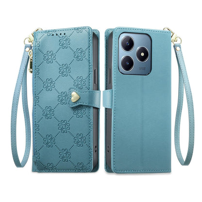 For Realme C63 4G / C61 / Narzo N63 / Note 60 Zipper Wallet Heart Buckle Vegan Leather Phone Case with Wrist Strap(Lake Blue)