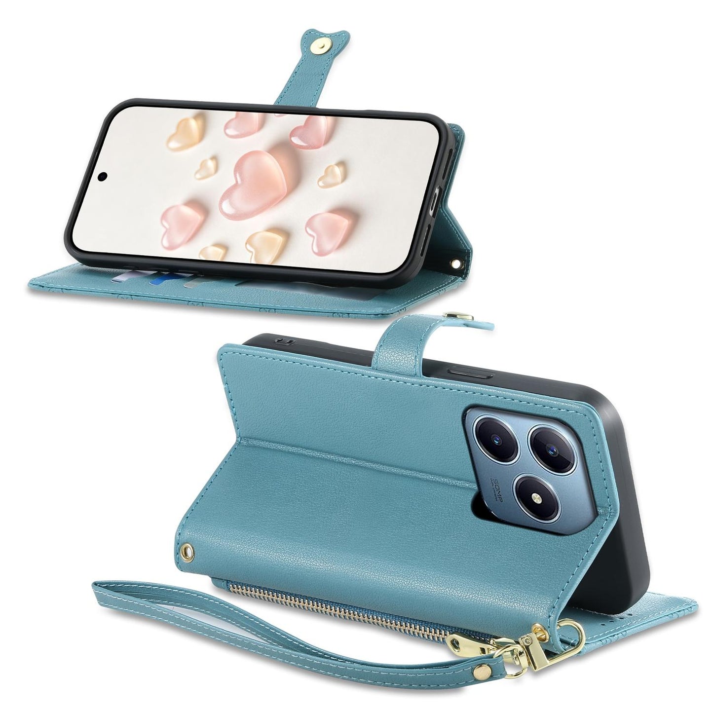 For Realme C63 4G / C61 / Narzo N63 / Note 60 Zipper Wallet Heart Buckle Vegan Leather Phone Case with Wrist Strap(Lake Blue)