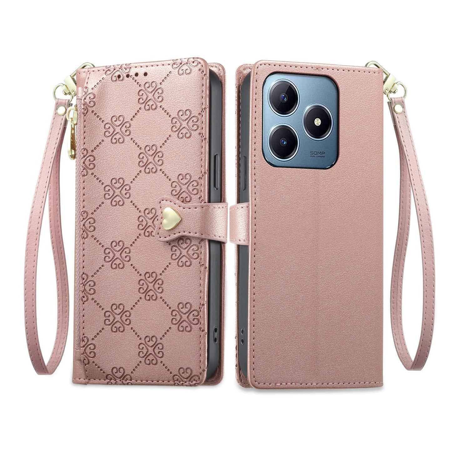 For Realme C63 4G / C61 / Narzo N63 / Note 60 Zipper Wallet Heart Buckle Vegan Leather Phone Case with Wrist Strap(Pink)