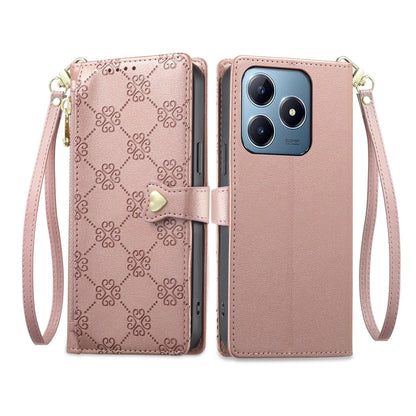 For Realme C63 4G / C61 / Narzo N63 / Note 60 Zipper Wallet Heart Buckle Vegan Leather Phone Case with Wrist Strap(Pink)