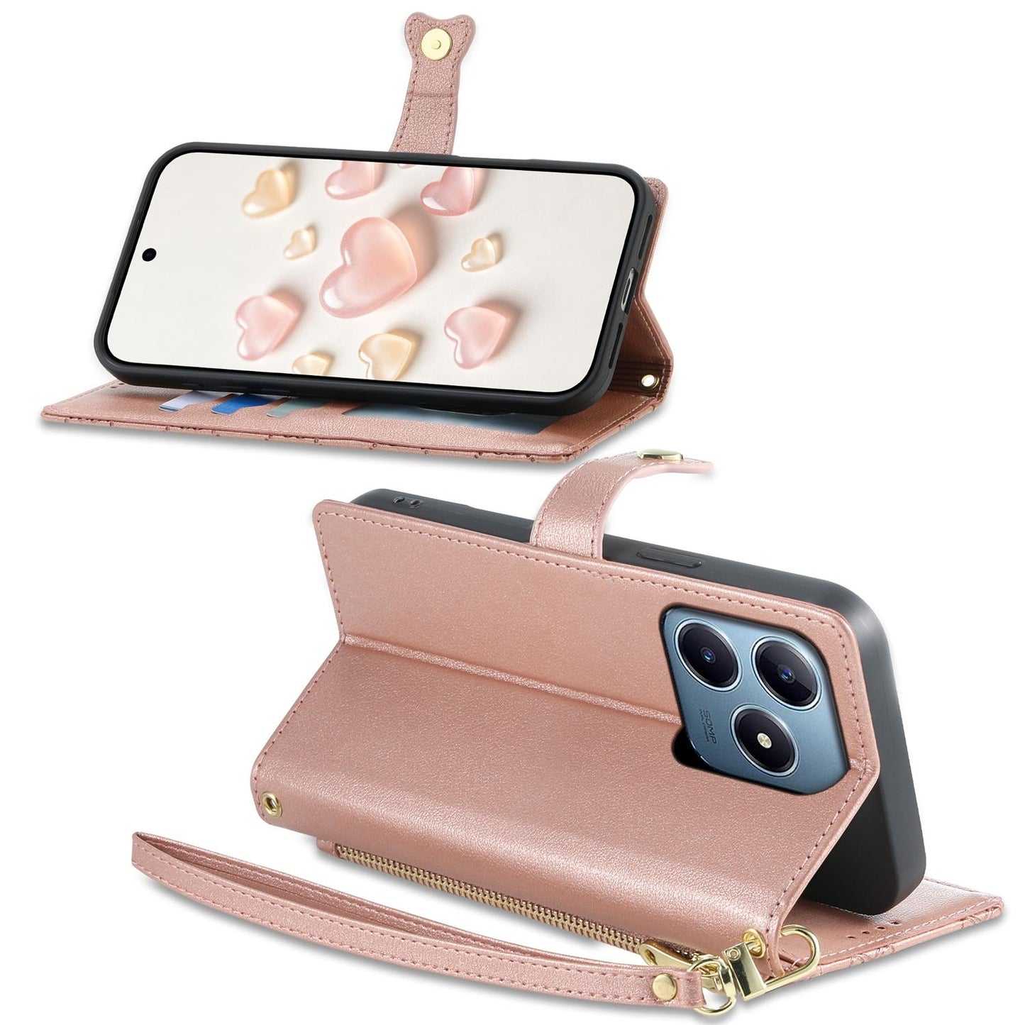 For Realme C63 4G / C61 / Narzo N63 / Note 60 Zipper Wallet Heart Buckle Vegan Leather Phone Case with Wrist Strap(Pink)