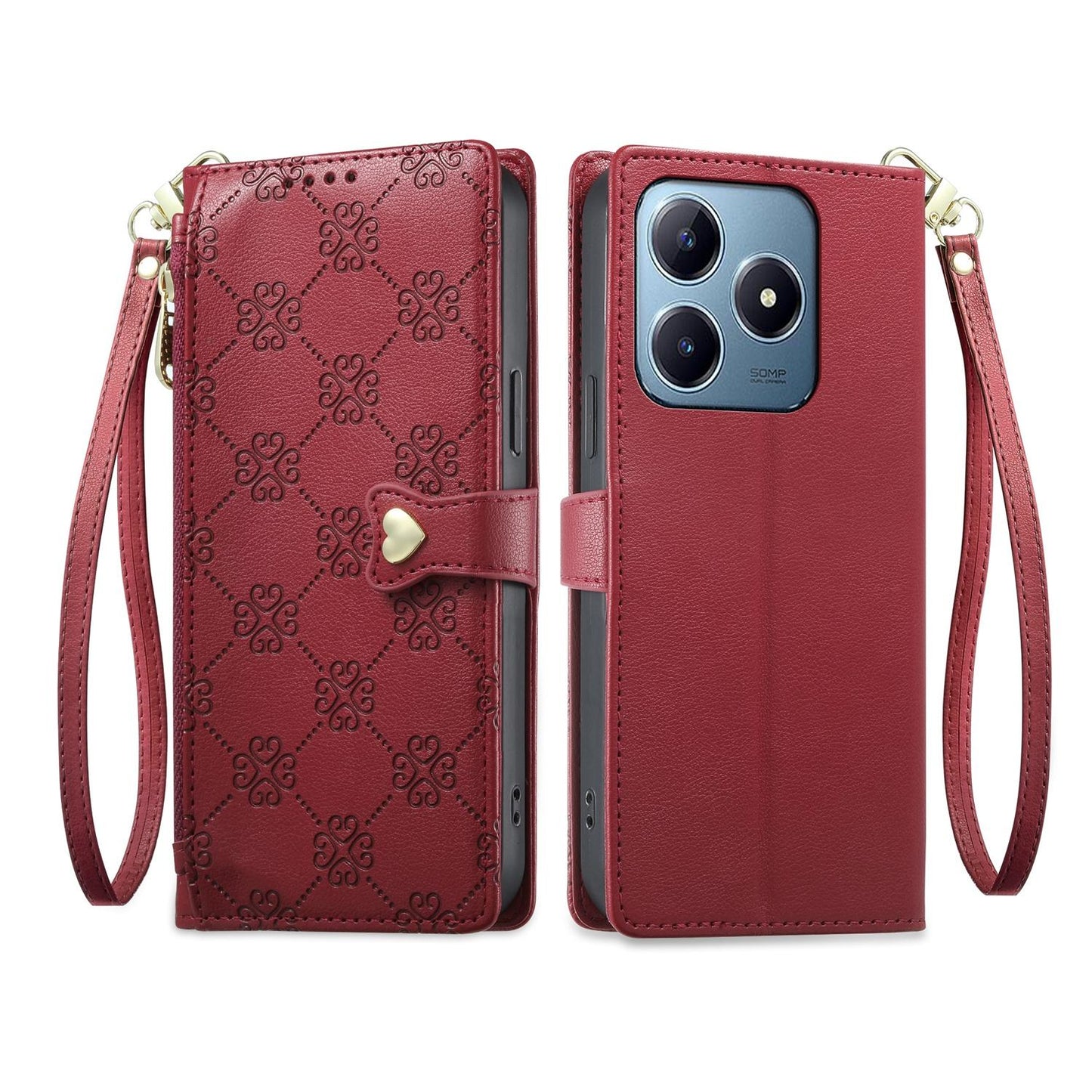 For Realme C63 4G / C61 / Narzo N63 / Note 60 Zipper Wallet Heart Buckle Vegan Leather Phone Case with Wrist Strap(Red)