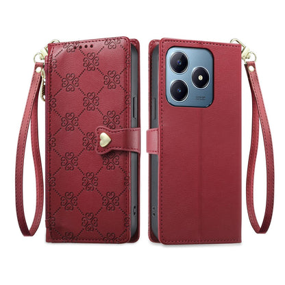For Realme C63 4G / C61 / Narzo N63 / Note 60 Zipper Wallet Heart Buckle Vegan Leather Phone Case with Wrist Strap(Red)