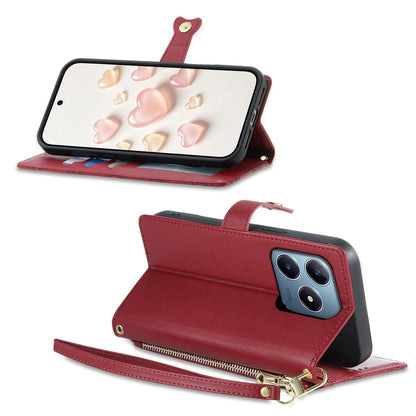 For Realme C63 4G / C61 / Narzo N63 / Note 60 Zipper Wallet Heart Buckle Vegan Leather Phone Case with Wrist Strap(Red)