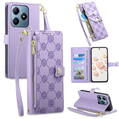 For Realme C63 4G / C61 / Narzo N63 / Note 60 Zipper Wallet Heart Buckle Vegan Leather Phone Case with Wrist Strap(Purple)