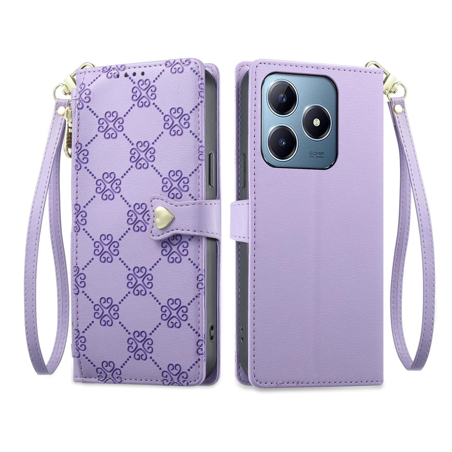 For Realme C63 4G / C61 / Narzo N63 / Note 60 Zipper Wallet Heart Buckle Vegan Leather Phone Case with Wrist Strap(Purple)