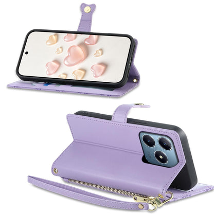 For Realme C63 4G / C61 / Narzo N63 / Note 60 Zipper Wallet Heart Buckle Vegan Leather Phone Case with Wrist Strap(Purple)
