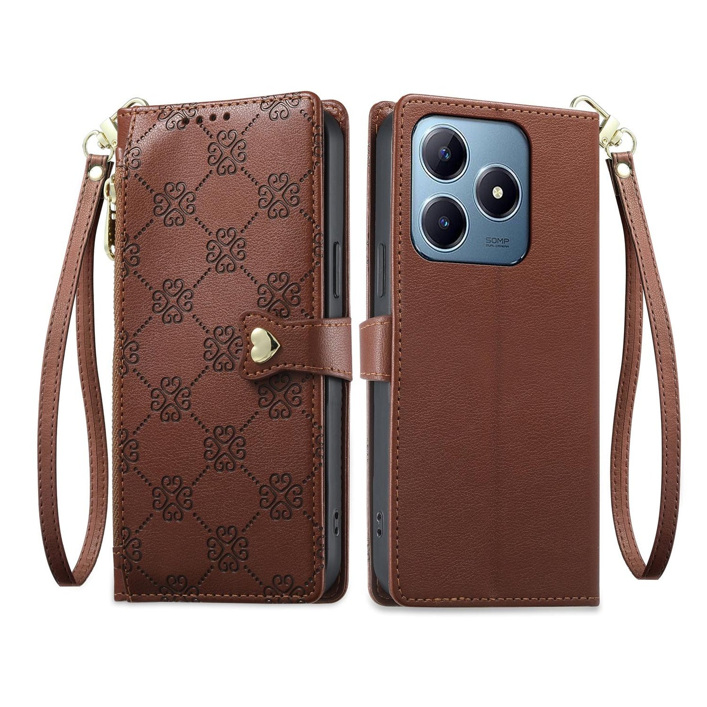 For Realme C63 4G / C61 / Narzo N63 / Note 60 Zipper Wallet Heart Buckle Vegan Leather Phone Case with Wrist Strap(Brown)