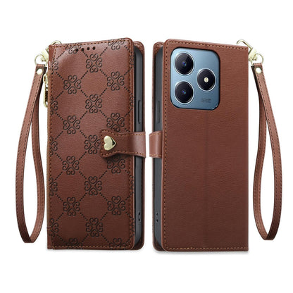 For Realme C63 4G / C61 / Narzo N63 / Note 60 Zipper Wallet Heart Buckle Vegan Leather Phone Case with Wrist Strap(Brown)