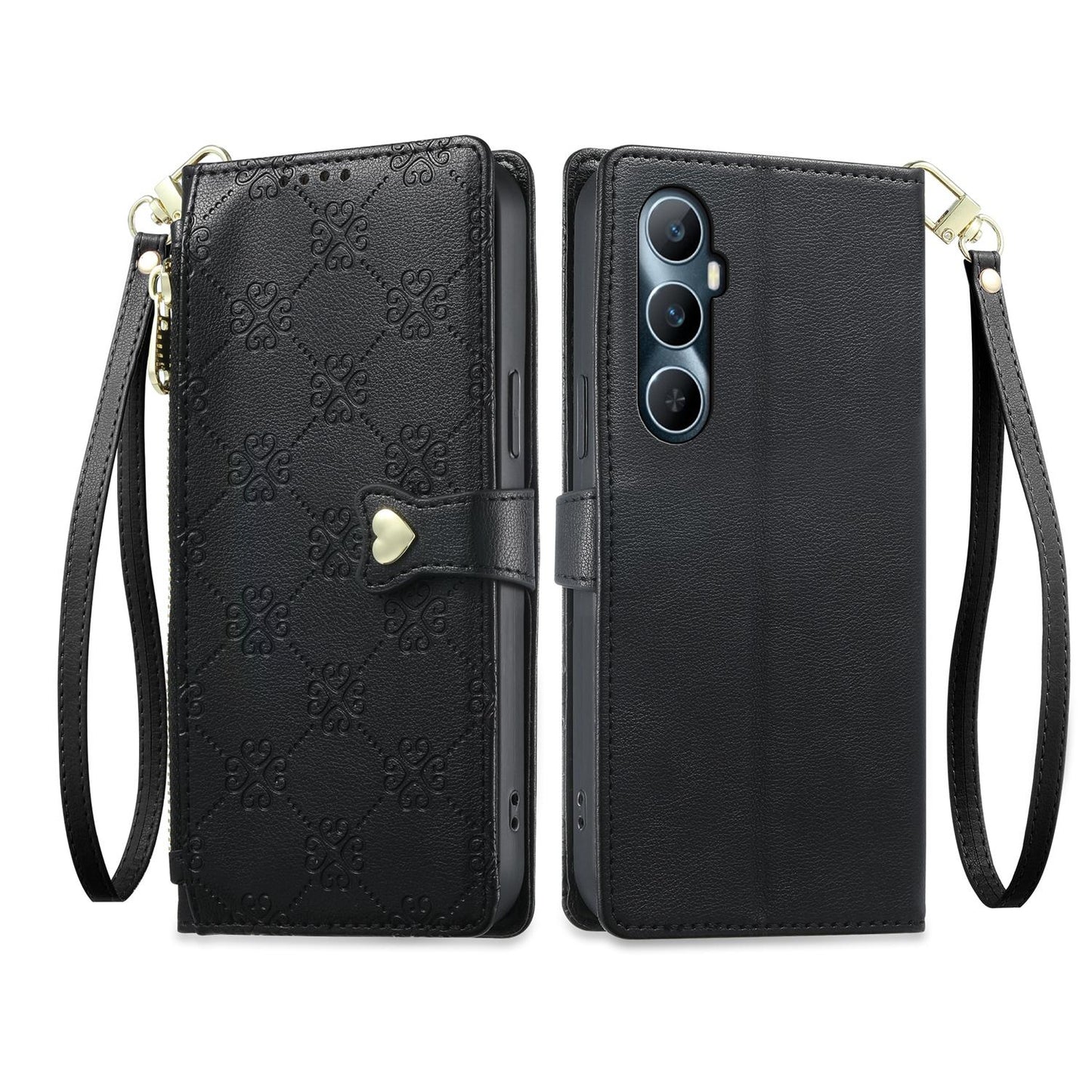For Realme C65 4G Zipper Wallet Heart Buckle Vegan Leather Phone Case with Wrist Strap(Black)