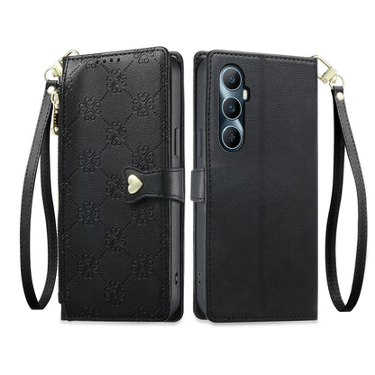 For Realme C65 4G Zipper Wallet Heart Buckle Vegan Leather Phone Case with Wrist Strap(Black)