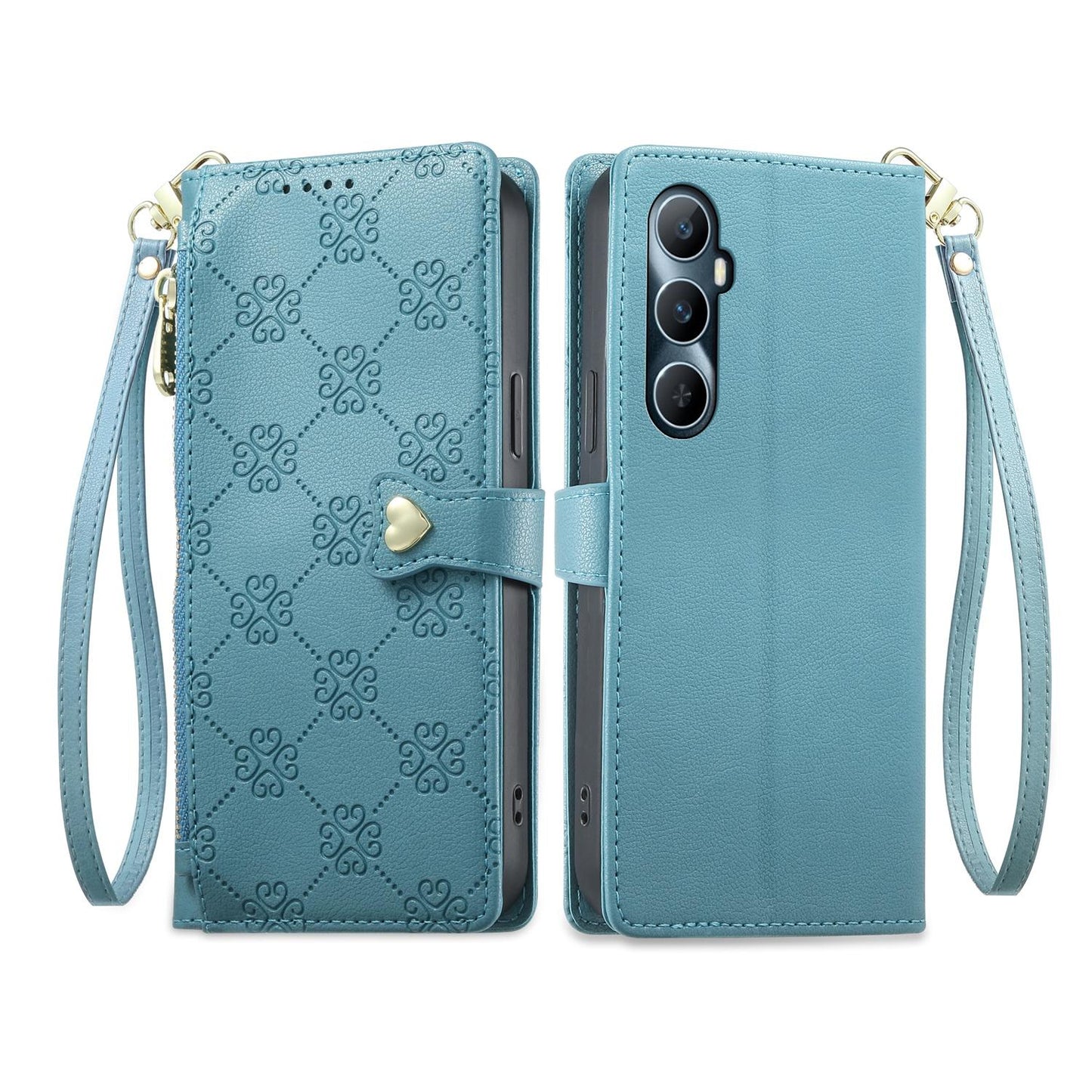 For Realme C65 4G Zipper Wallet Heart Buckle Vegan Leather Phone Case with Wrist Strap(Lake Blue)