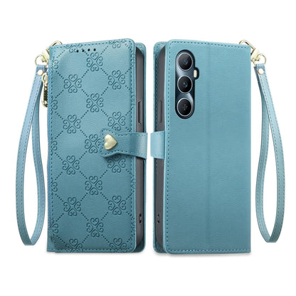 For Realme C65 4G Zipper Wallet Heart Buckle Vegan Leather Phone Case with Wrist Strap(Lake Blue)