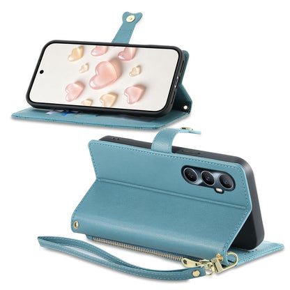For Realme C65 4G Zipper Wallet Heart Buckle Vegan Leather Phone Case with Wrist Strap(Lake Blue)