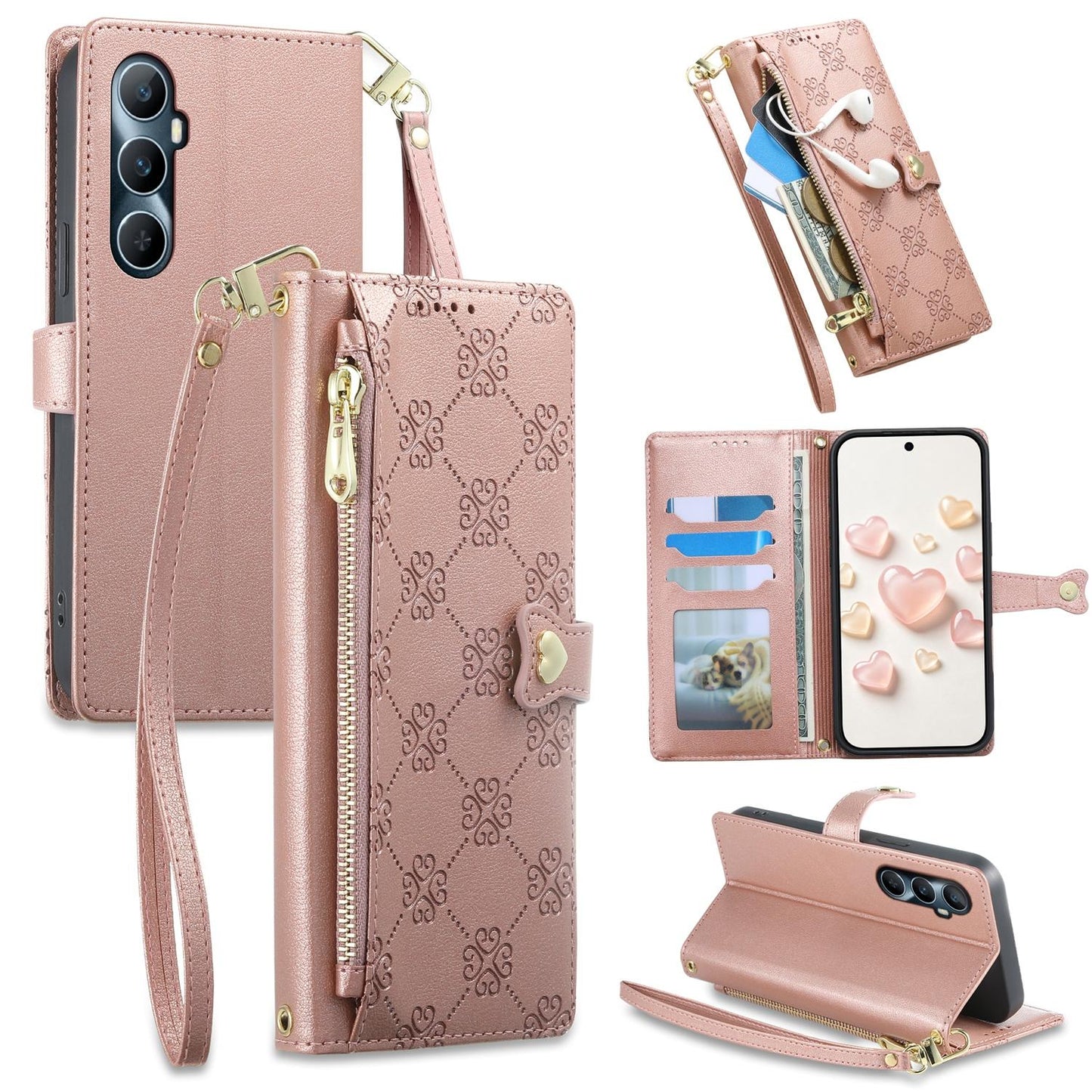 For Realme C65 4G Zipper Wallet Heart Buckle Vegan Leather Phone Case with Wrist Strap(Pink)