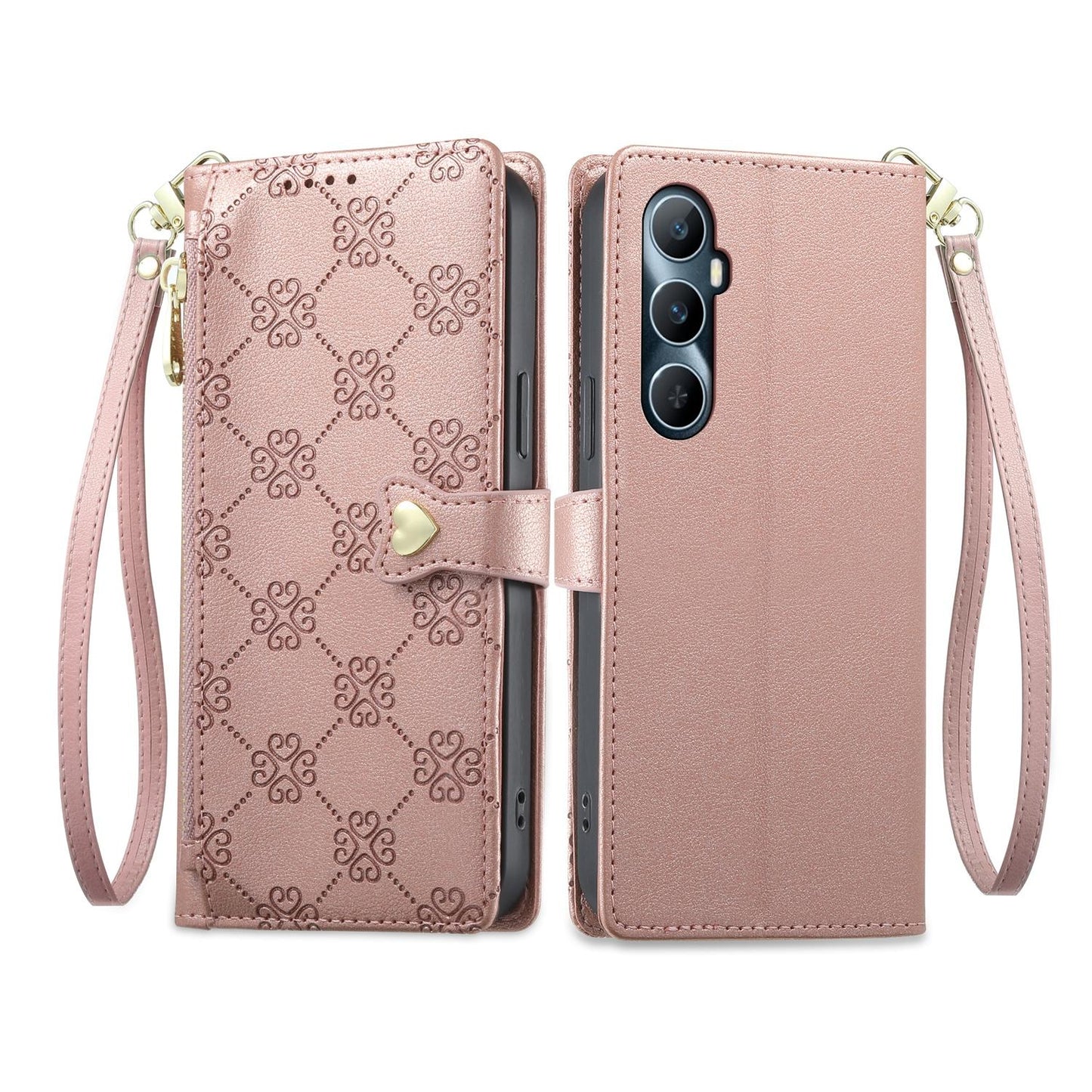 For Realme C65 4G Zipper Wallet Heart Buckle Vegan Leather Phone Case with Wrist Strap(Pink)